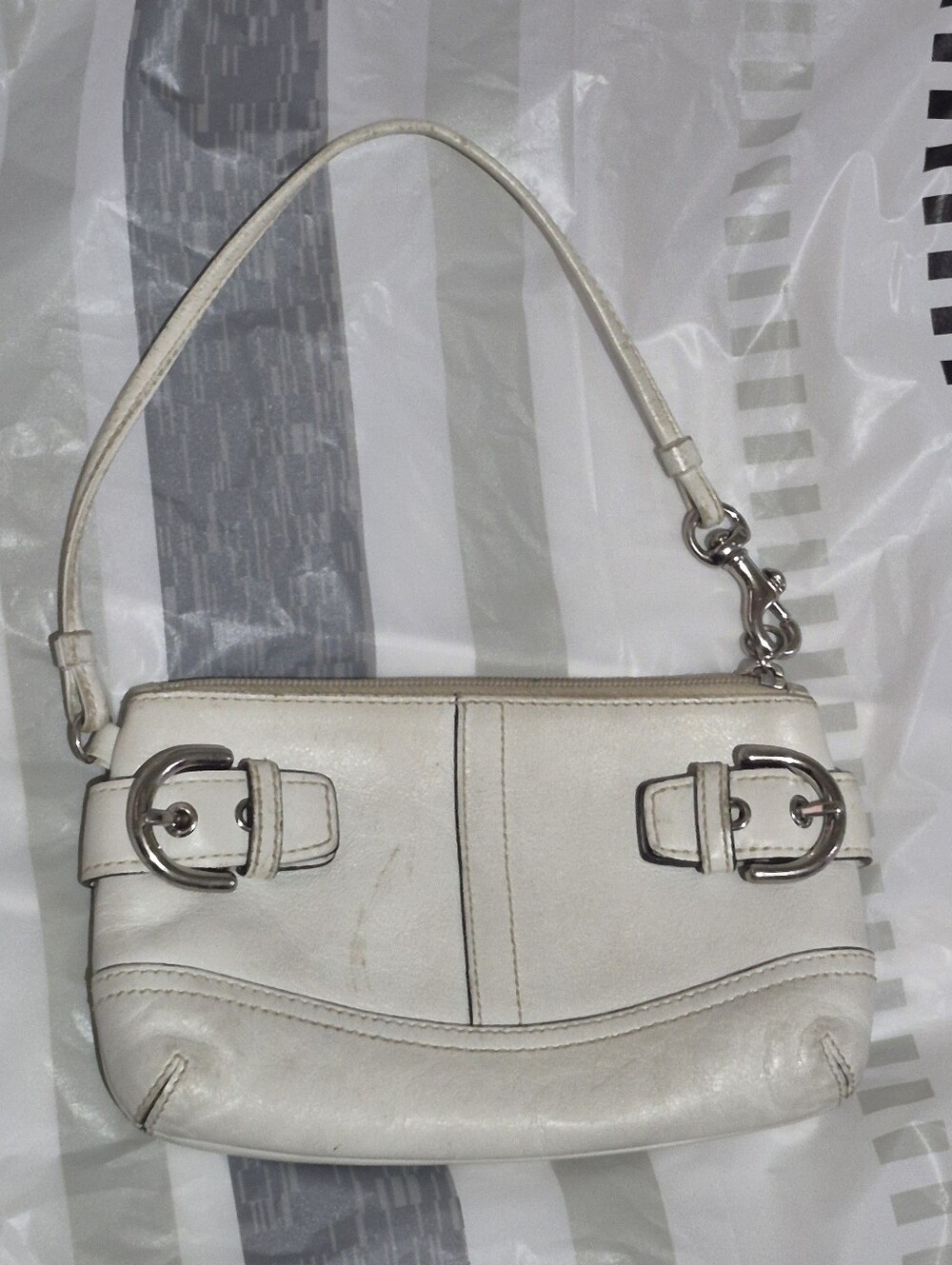 Coach White Leather Wristlet with Silver Buckle Accents